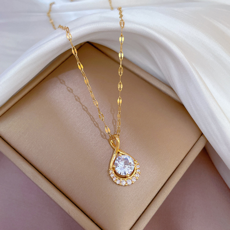 Water Drop Gemstone Necklace Titanium Steel Diamond Inlaid Ins_voghion.com