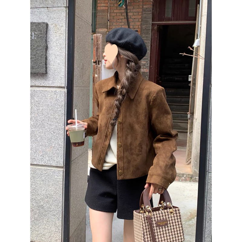 Deerskin Velvet Jacket Women's Spring & Fall New Loose Maillard Retro Casual Motorcycle Short Petite Jacket Top