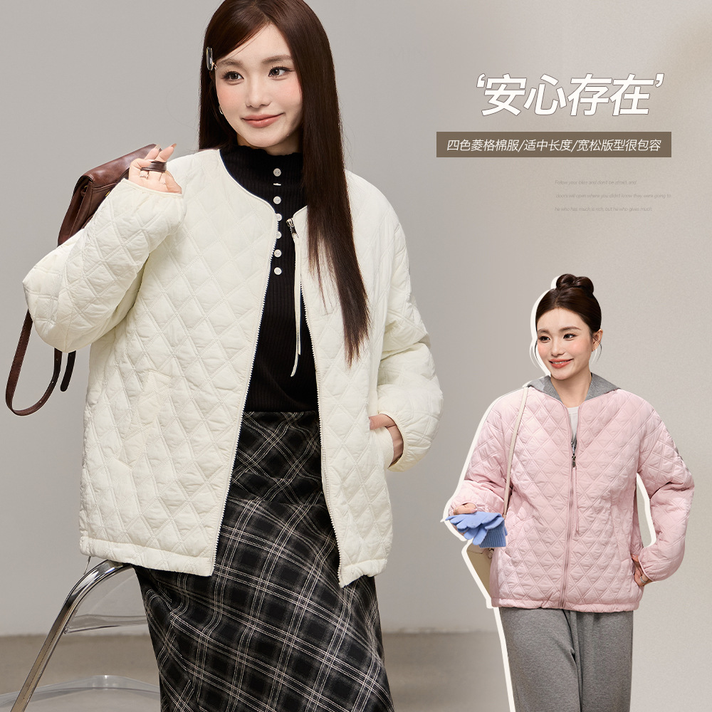 韩系圆领简约菱格棉服冬款胖mm大码女装宽松显瘦保暖外套66097