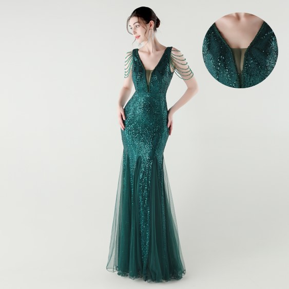 33337#2025新款V领露肩钉珠薄纱裙摆奢华修身亮片晚礼服