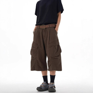 Cargo Shorts Men's High-End Hong Kong Style Loose Straight Brown Cropped Pants Summer Thin Casual Mid-Pants Trend