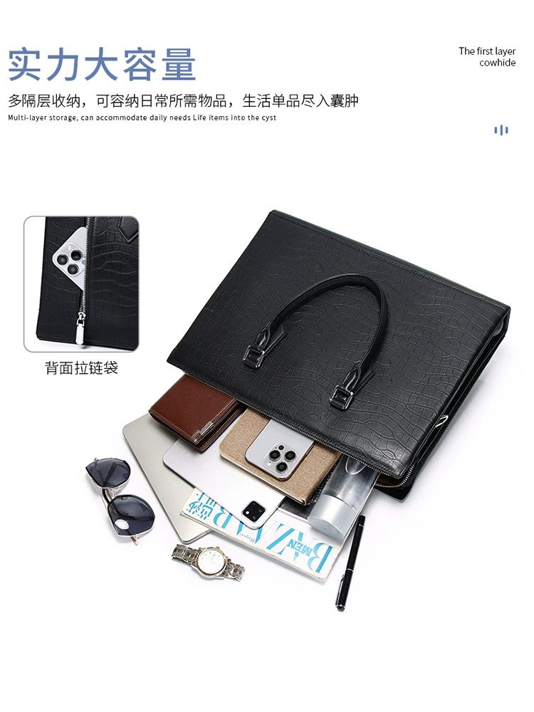 Leather bag, men's capacious laptop, custom-made, cowhide, crocodile print, genuine leather, business version