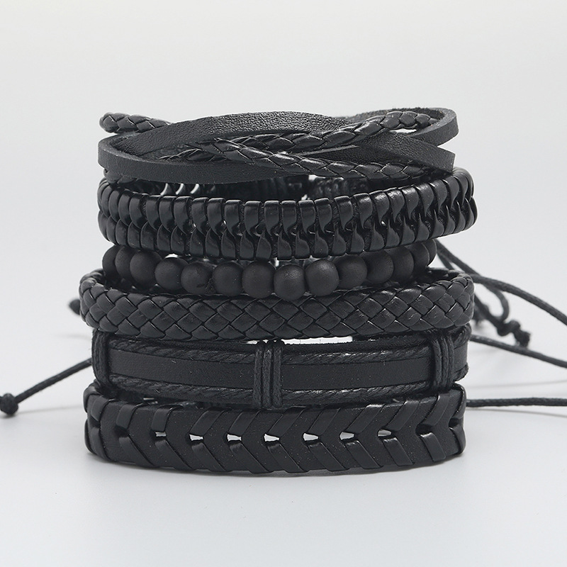 retro black woven mens leather bracelet simple diy combination set braceletpicture2