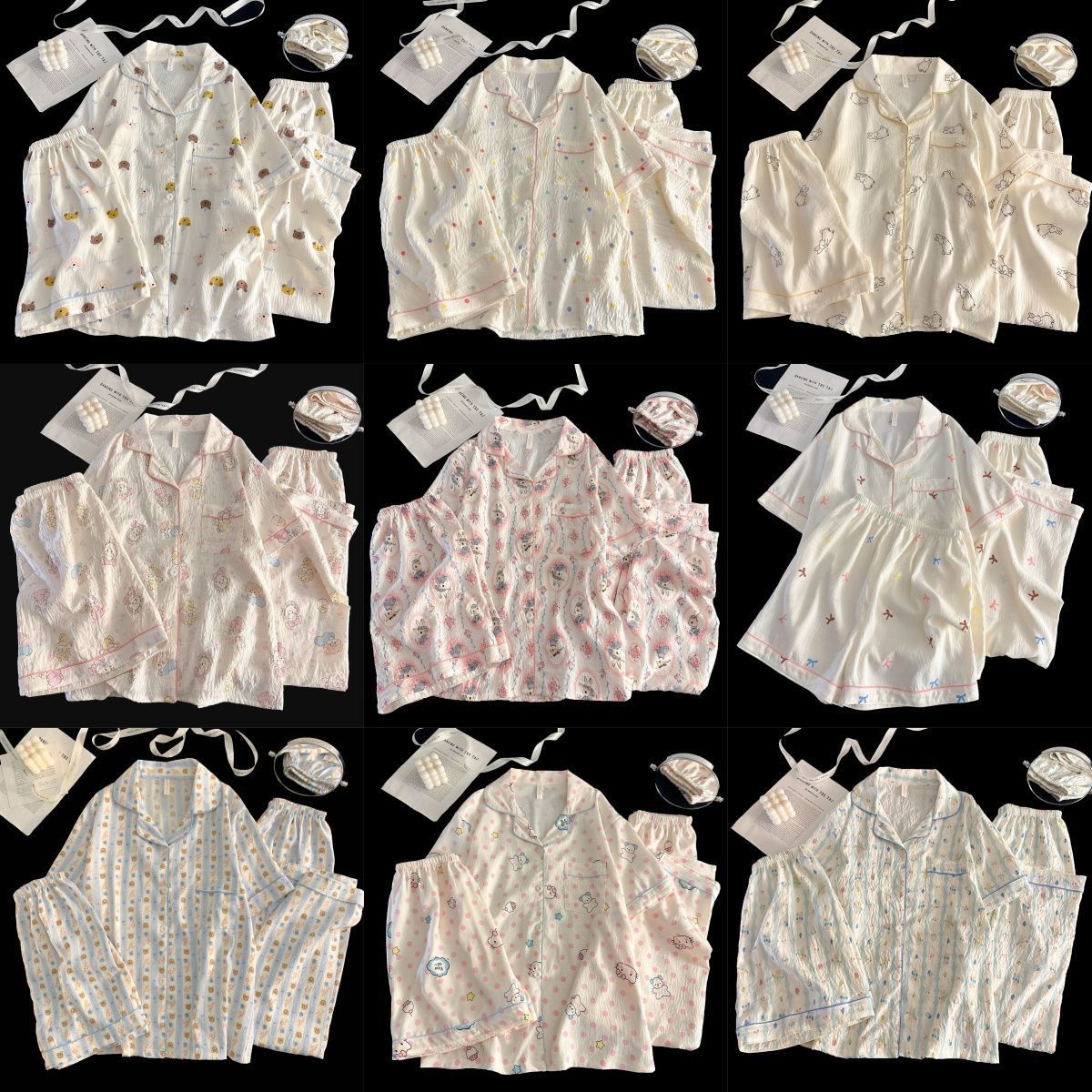 Al por mayor transfronterizo nubes de algodón tres piezas pijamas de mujer pantalones cortos de manga corta una variedad de cardigans con solapas de dibujos animados ropa para el hogar
