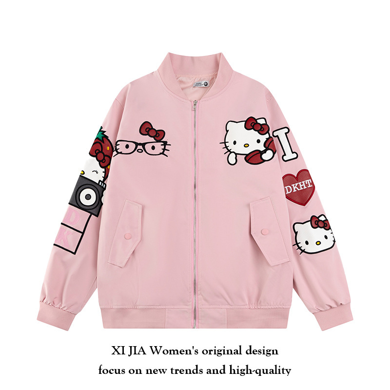 2025 Cartoon Baseball Uniform Hello Kitty Jacket Couple's American-Style Loose Oversize Design Embroidered Jacket