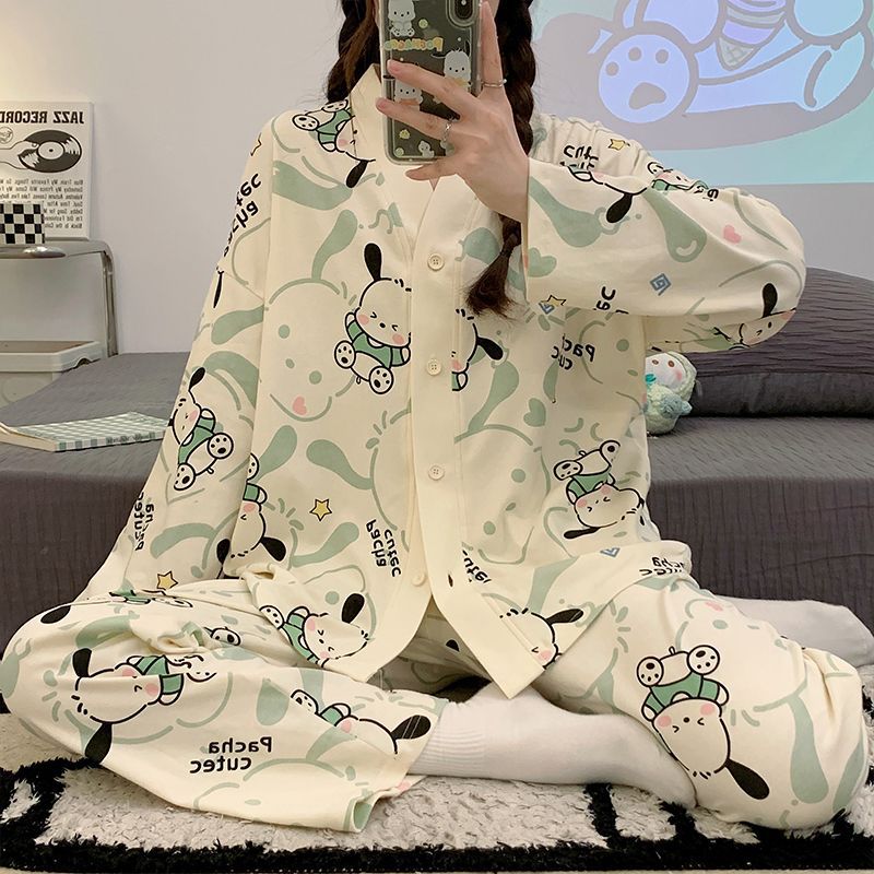Al por mayor transfronterizo otoño y invierno nuevo cuello monje de algodón unilateral cardigan de manga larga pantalones de dibujos animados lindos pijamas ropa doméstica de mujer