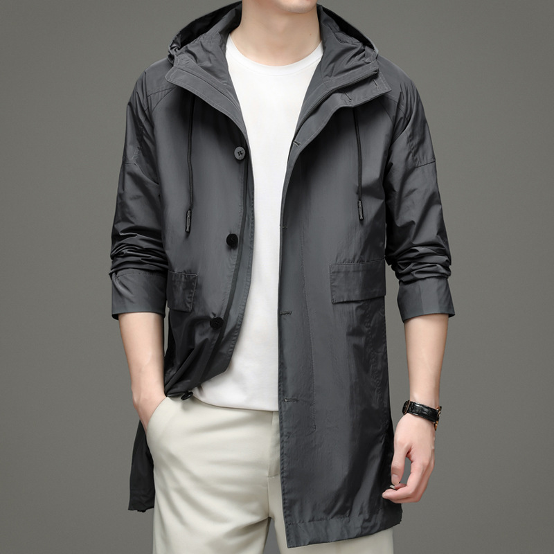 Stylish Mid-Length Trench Coat for Men, 2025 Spring and Autumn New Korean Style, Simple and Versatile, Solid Color Hooded Cardigan Jacket