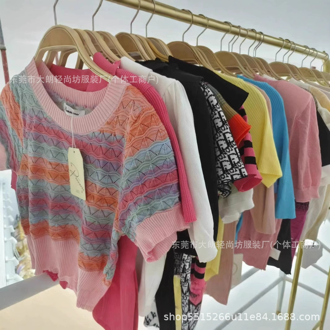 Женский трикотаж, ледяной шелк, стиль красивой девушки, летний материал с короткими рукавами и вырезами из бисера, новый топ, прямая трансляция, физический оптовый т.