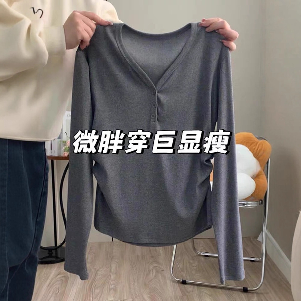 여성용 플러스 사이즈 코튼 브이넥 긴팔 티셔츠 2024 뉴 가을 이너웨어 뚱뚱한 mm 슬리밍 허리 탑