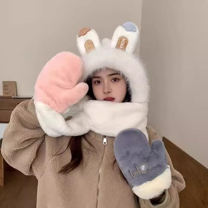 兔子耳朵毛绒帽围巾手套一体三件套女秋冬保暖雷锋帽护耳骑车防寒
