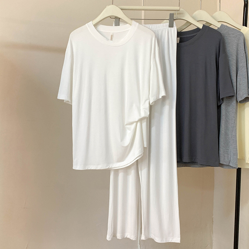 Solid Color Round Neck Short Sleeve Trousers Modal Cotton Pajamas Women Summer Thin Casual Casual Loose Plaid Homewear