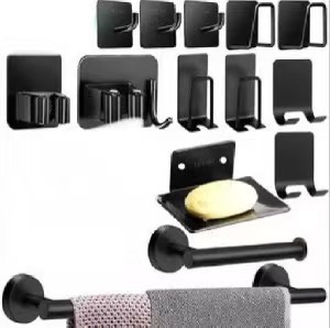 Cross-border 304 barra de toalla de acero inoxidable conjunto negro sin perforación de baño accesorios de baño gancho de toallas de baño