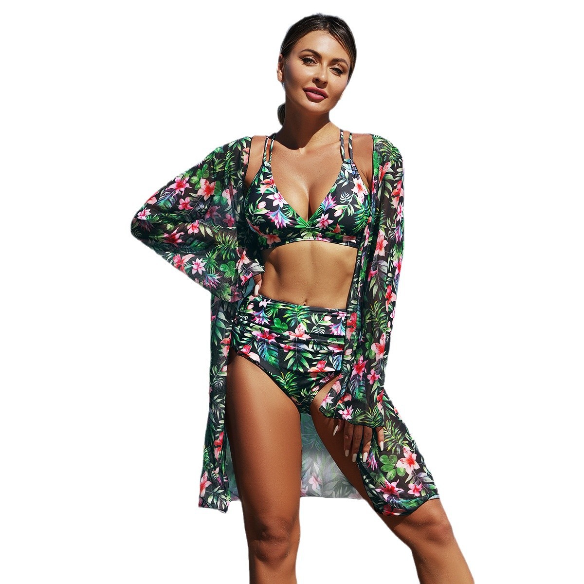 El nuevo estilo de moda europea y americana sexy trajes de baño de damas bikini de tres piezas con impresión multicolor de baño de mujer