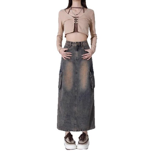 Vintage Cowboy Skirt Semi-annual Skirt New Women Spring Autumn Petite Long Length High-waist Bubble Butt A-line Skirt