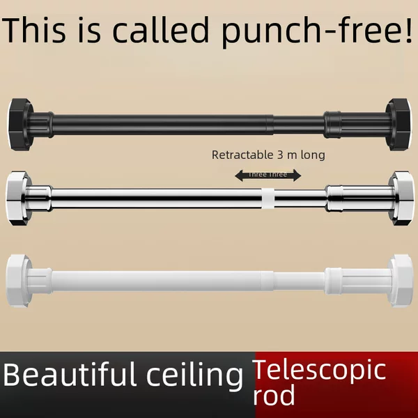 No Punching Stainless Steel Telescopic Rod Bathroom Shower Curtain Rod Household Multi-Functional Clothes Drying Rod Thickeneded Traceless Telescopic Rod