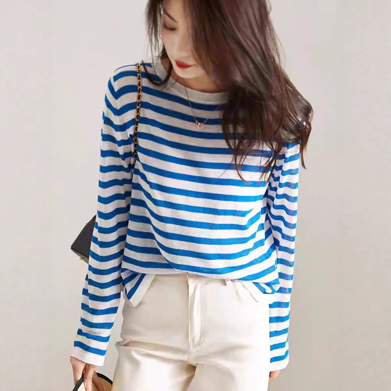 High-End Striped Ice Silk Knitted Long-Sleeve T-Shirt for Women, Summer Thin Sun-Protective Cover-Up with a Stylish Sailor Shirt Design High-End Striped Ice Silk Knitted Long-Sleeve T-Shirt for Women, Summer Thin Sun-Protective Cover-Up with a Stylish Sailor Shirt Design
