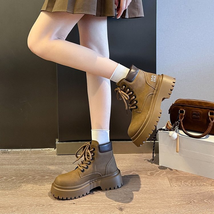 复古百搭厚底马丁靴女2025新款小个子增高休闲英伦风系带短筒靴子|undefined