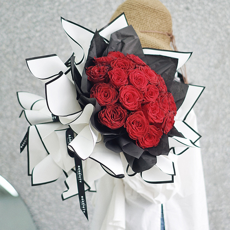 鲜花包装纸花篮黑白贵族花束防水果冻膜雾面花店花艺花纸玫瑰