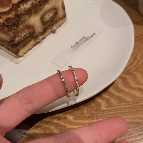 Gold micro-paved zircon simple plain ring open ring two-piece set women's fashion versatile index finger ring high-end