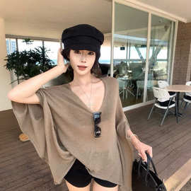 欧美小众撞色圆领正肩短袖t恤女夏设计感半透明修身收腰针织上衣