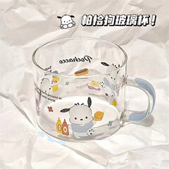 新しい高ホウケイ酸ガラスハンドルプリントミルクカップ電子レンジ対応家庭用ガラスウォーターカップ