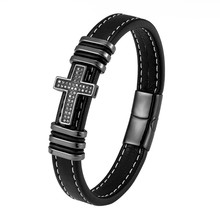 欧美热销锆石十字架手链时尚百搭皮绳手工编织不锈钢手链饰品批发