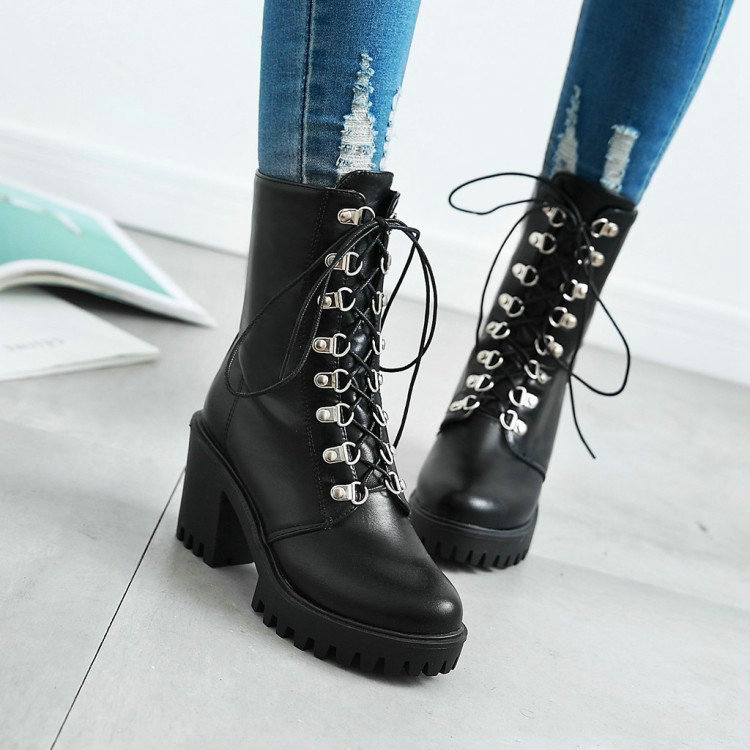 Boots Women's British Style Handsome Motorcycle Boots Black Thick Heel High Heel Military Boots Export Short Boots X25020040