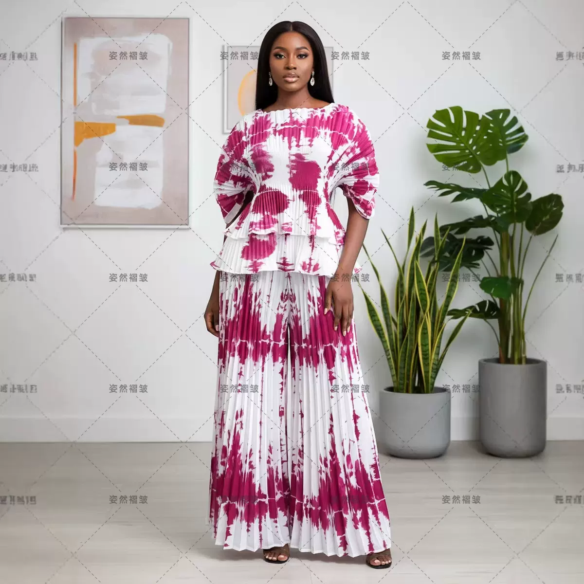 miyaki三宅褶皱时尚套装两件套欧美外贸大码女装印花休闲裤装气质