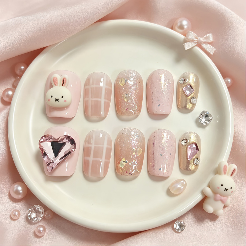 Cartoon cute heart-shaped colorful sequin handmade nail tips, bunny-themed pink series, high-end short-length press-on nails Cartoon cute heart-shaped colorful sequin handmade nail tips, bunny-themed pink series, high-end short-length press-on nails