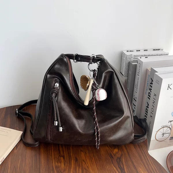 Trendy New Korean Style Niche Design Soft Leather Textive Underarm Tote Bag Commuter All-match Simple Backpack for Women