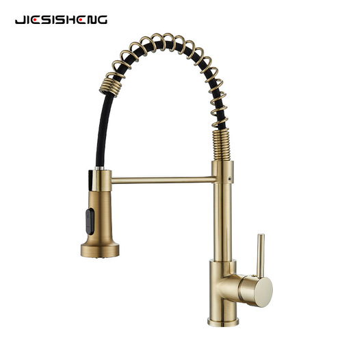Brushed gold American spring pull-out faucet household kitchen sink vegetable basin hot and cold splash-proof faucet wholesale