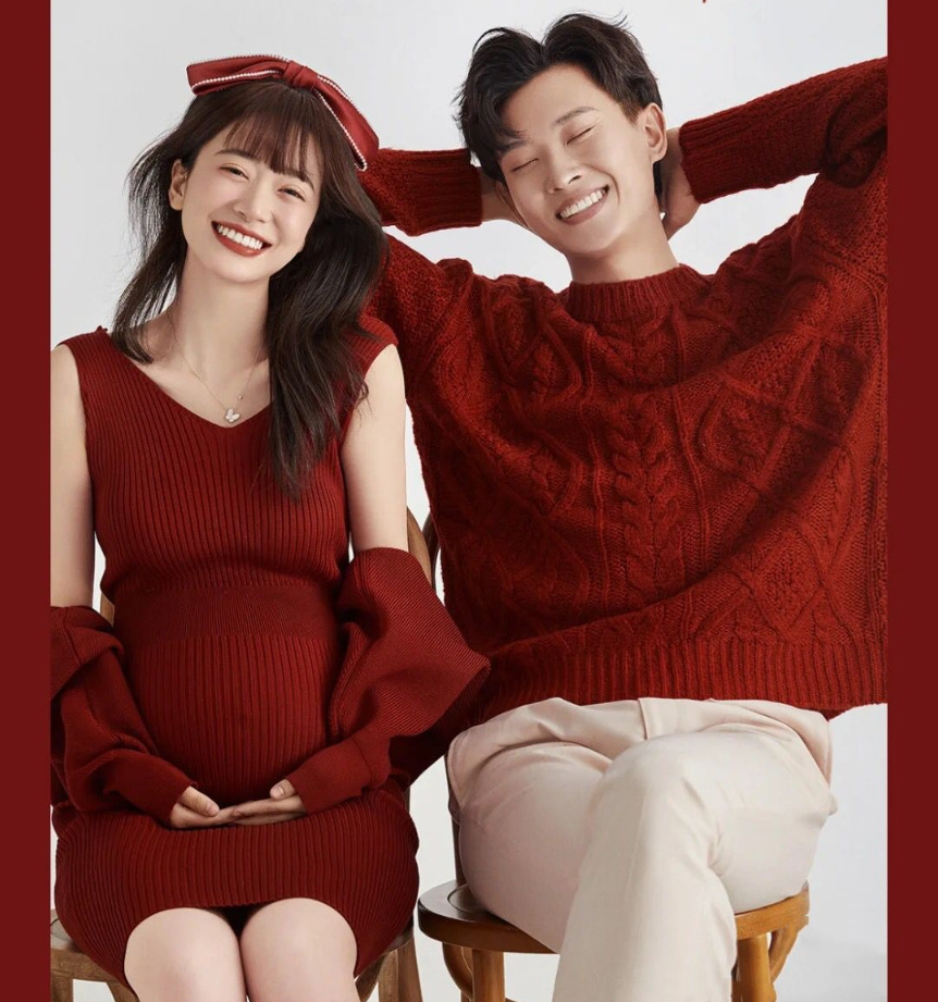 新款圣诞主题孕妇照服装摄影写真红色新年孕妈咪情侣写真艺术照片