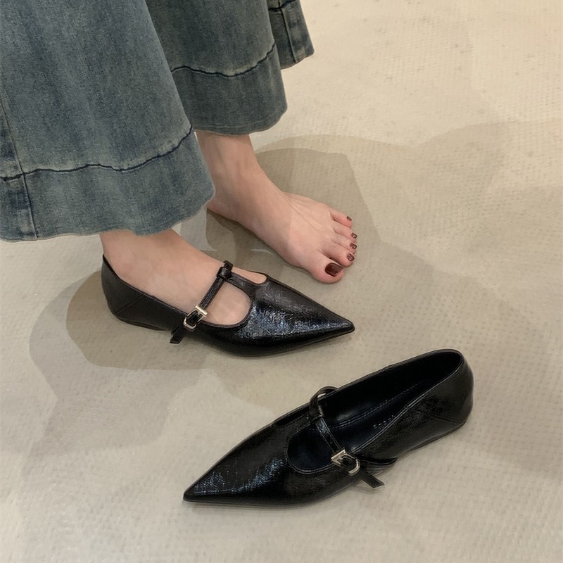 法式玛丽珍鞋2025年新款尖头t字扣带浅口黑色百搭平底单鞋女鞋子|undefined