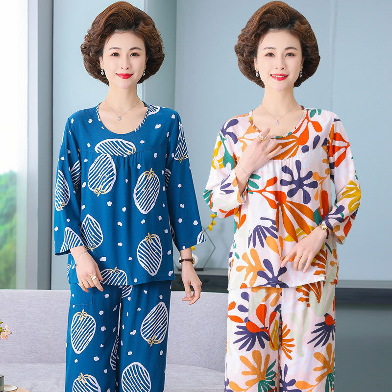 Women's Pajamas 2026 New Spring and Summer Cotton Silk Pullover Long-Sleeve Cool Thin Round-Neck for Middle-Aged and Elderly Mothers