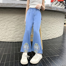 夏季薄款新中式女童天丝牛仔裤喇叭裤花边中大童裤子中国风阔腿裤