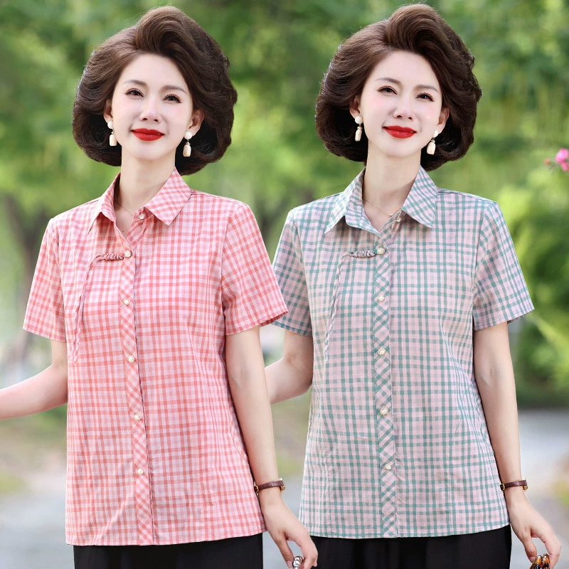 Летняя рубашка с коротким рукавом для мамы 2025, новый хлопковый клетчатый топ, свободный крой, большой размер, для женщин среднего и пожилого возраста
