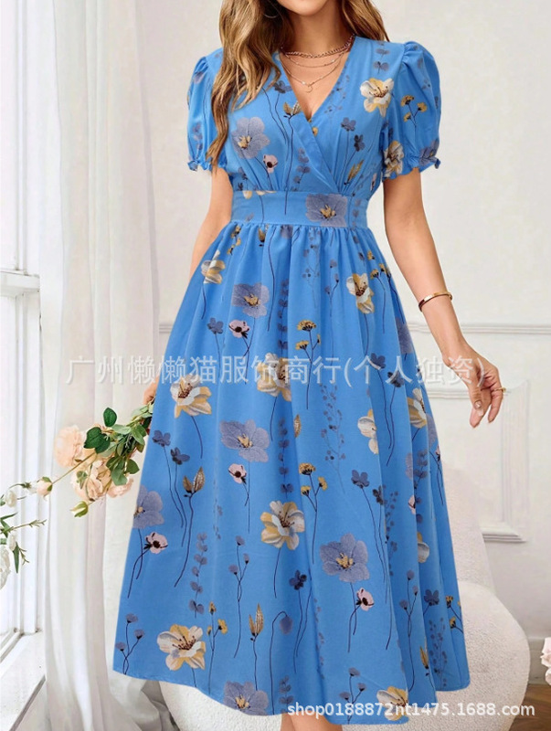 2025 夏ヨーロッパとアメリカの貿易クロスボーダー婦人服アマゾン人気のラウンドネック花びら袖半袖ミドル丈プリントドレス|undefined
