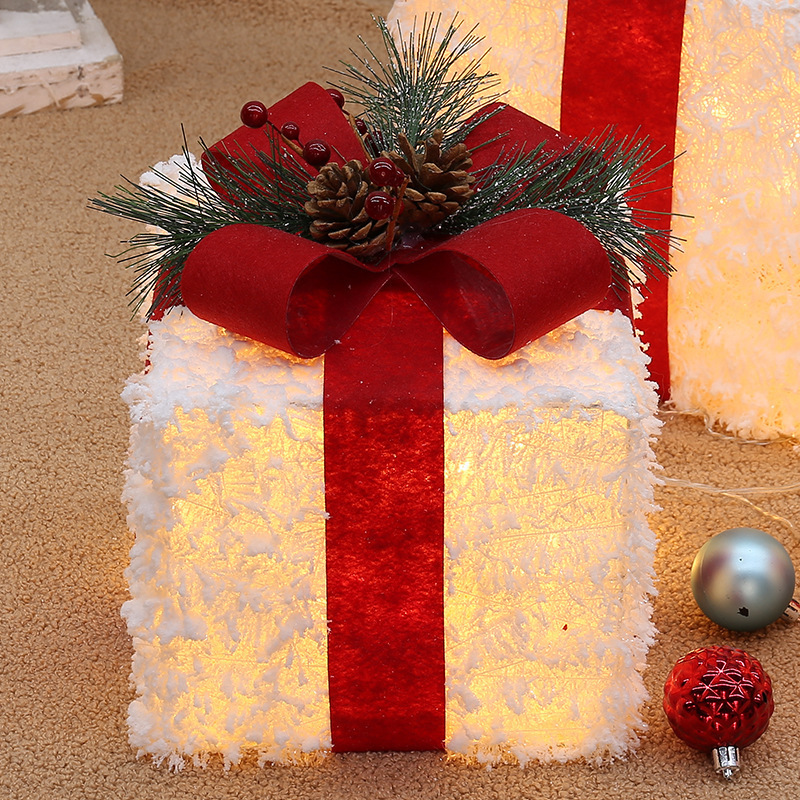 白い植毛布製ライト付き半透明ギフトボックス3点セット、堆頭クリスマス新年装飾飾り|undefined