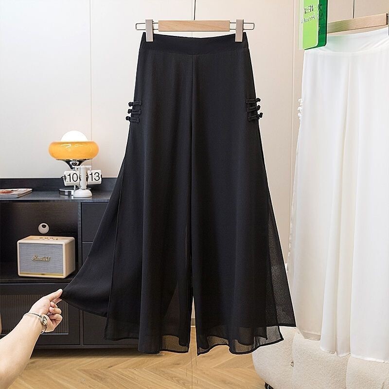 New Chinese-Style Loose Drape Chiffon Slit Wide-Leg Pants Summer Plus-Size Women's Clothing for Curvy Women, Slimming Nine-Point Pants Skirt New Chinese-Style Loose Drape Chiffon Slit Wide-Leg Pants Summer Plus-Size Women's Clothing for Curvy Women, Slimming Nine-Point Pants Skirt