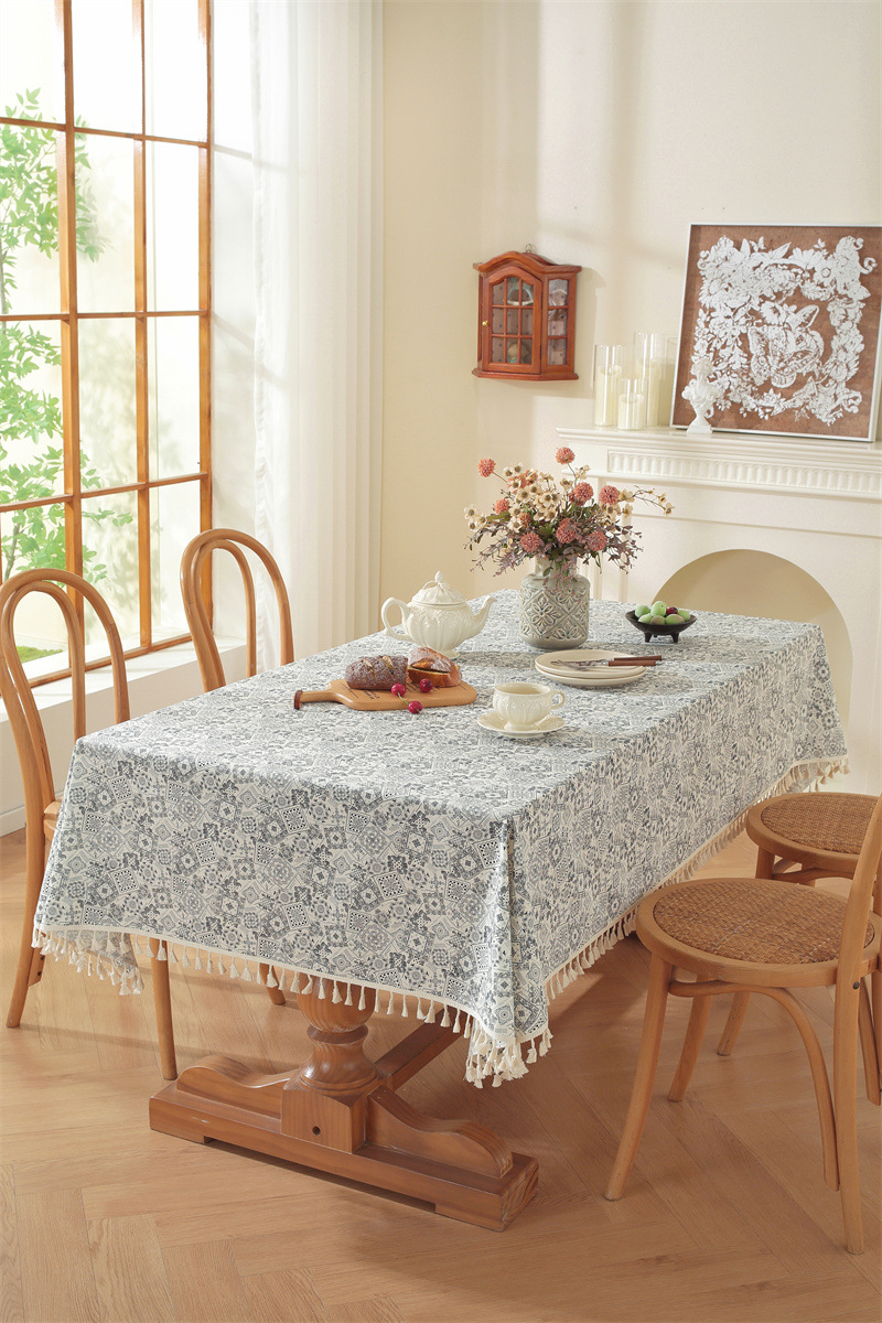Mantel de mesa rectangular de algodón jacquard estilo floral_voghion.com
