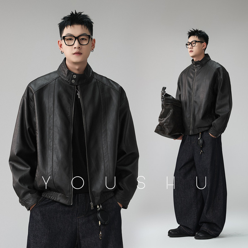 YouShu retro PU leather solid color stand-up collar oversized jacket for men, 2026 autumn motorcycle style, cool and loose leather coat YouShu retro PU leather solid color stand-up collar oversized jacket for men, 2026 autumn motorcycle style, cool and loose leather coat
