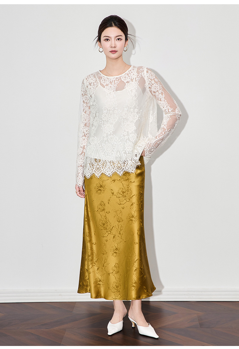 Áo sơ mi ren jacquard phong cách Pháp thanh lịch tay dài — Màu hồng chi tiết 18