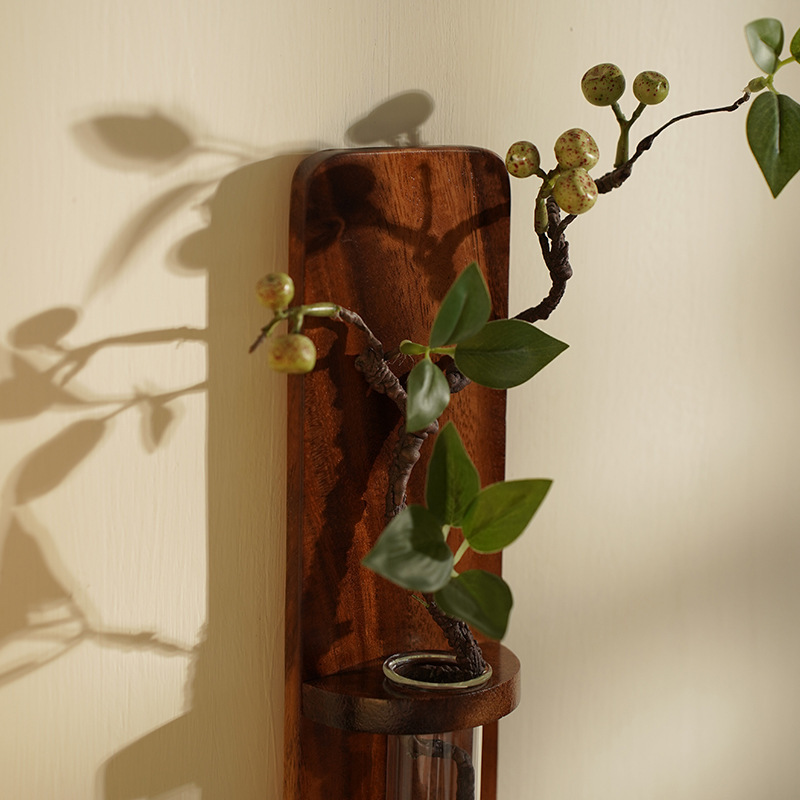 Madera sin agujeros de pared jarrón de agua arreglador de flores en la pared de la sala de estar de madera maciza decoración del dormitorio estante de flores japonés