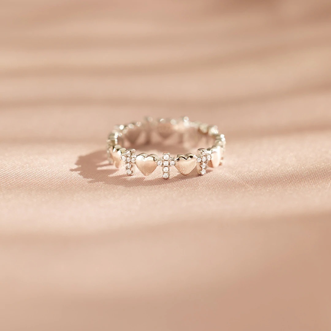 7g Weight Zircon Inlay Material Rings Classification 10, 5 Ring Size 1 Piece 925 Sterling Silver Cross Heart Shape Zircon Rings