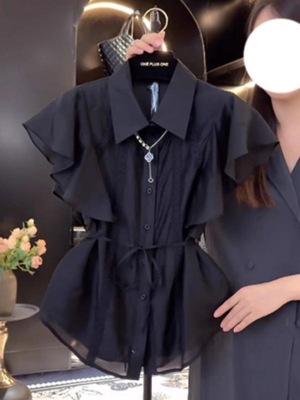 法式收腰上衣女装2025夏季新款高级感气质飞飞袖黑色衬衫小众衬衣|undefined
