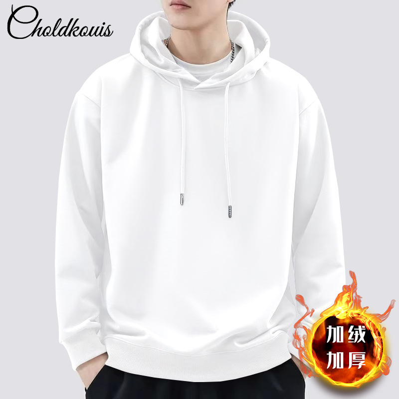 화이트 후드 스웨트셔츠 플러스 벨벳 - 솔리드 컬러 [GL]