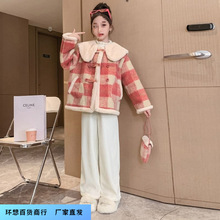 女童加绒外套冬季2025新款大童女孩秋冬装加厚一体绒格子呢大衣潮