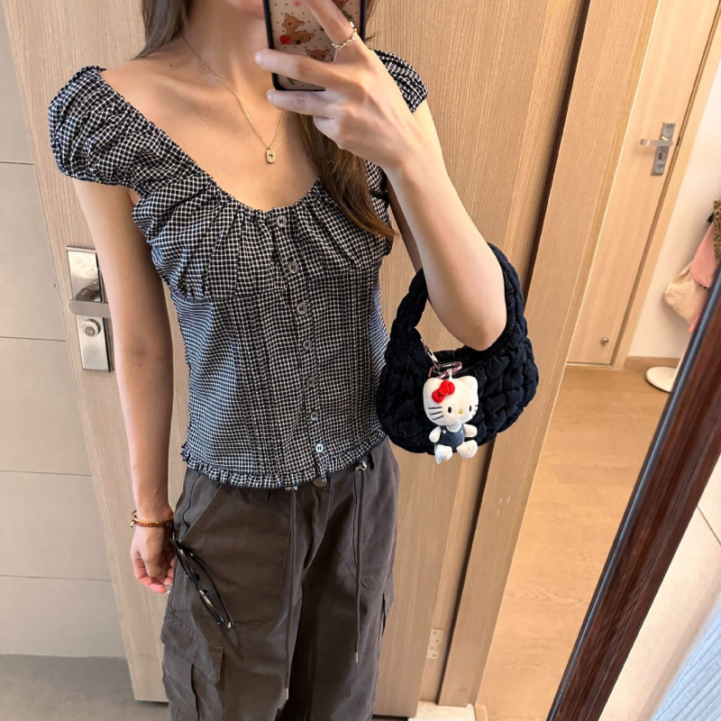 French-Style Single-Breasted Top with a Chic Waist-Cinching Design, Slimming Shirt for Women, Summer Navy Blue Plaid Short Blouse French-Style Single-Breasted Top with a Chic Waist-Cinching Design, Slimming Shirt for Women, Summer Navy Blue Plaid Short Blouse