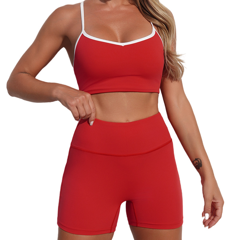Europa y los Estados Unidos transfronterizos sensación desnuda hermosa espalda deportiva de color contrapeso bra de cinturón de miel de alta elasticidad de cadera seco conjunto de brazalete