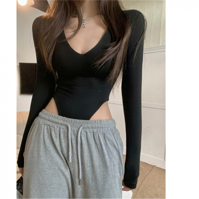 V-neck American style pure sexy long sleeve jumpsuit women's slim fit slimming waist stretch inner base shirt hanging crotch T-shirt